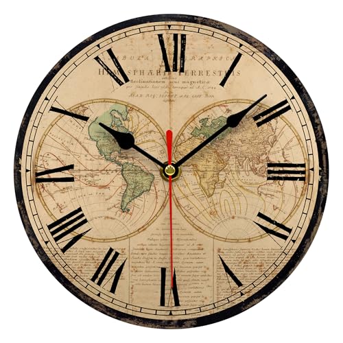 TAHEAT 20 cm Globe Weltkarte Wanduhr, Klein Vintage Landhausstil Uhr, Ohne Tickgeräusche Retro Wanduhren für Küche Wohnzimmer Schlafzimmer Badezimmer