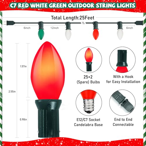 Image of GOOTHY C7 Christmas String Lights, 25Ft Outdoor Decorations with 27 LED Red White and Green Shatterproof Bulbs, Hanging Patio Lights for Tree Backyard Holiday Party Decor