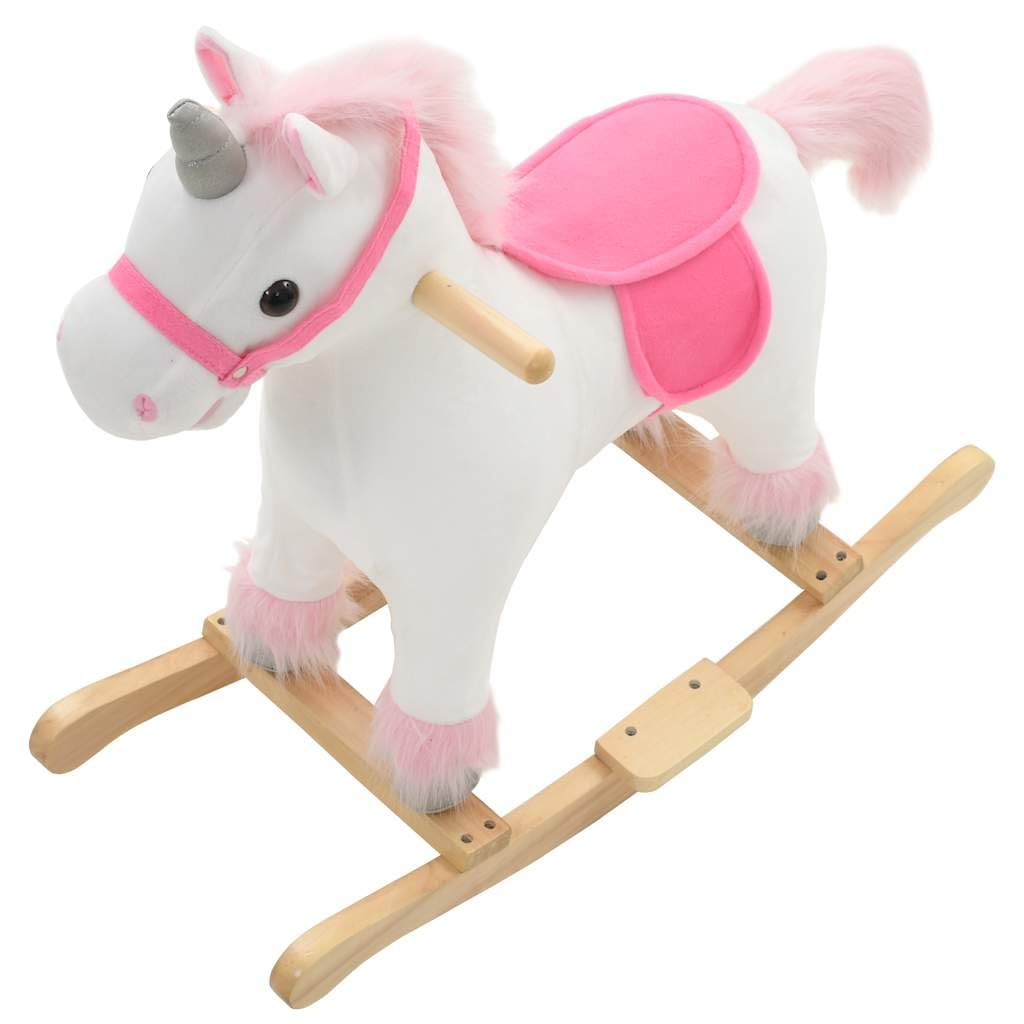 Schaukeltier Einhorn Plüsch Weiß und Rosa mit Holzsockel 65x32x58 cm für Kinder ab 24 Monaten, Schaukelpferd Reittier mit stabilem Metallrahmen und weicher Polsterung