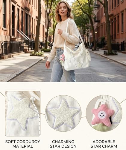 SRKSPYFD Star Design Corduroy Tote Bag White - Image 4