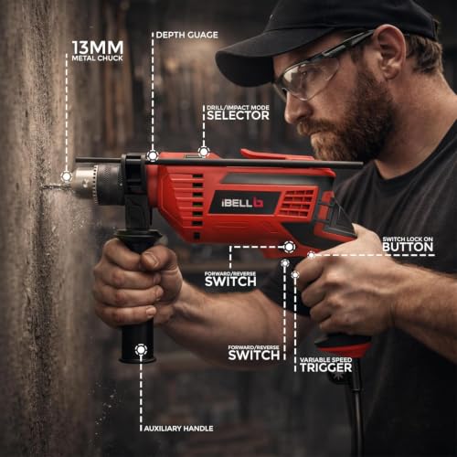 Image of iBELL Professional Tool Kit with Impact Drill TD13-85, 650W, Copper Armature, Chuck 13mm, 59 Home Essential Tools /Accessories with RED /BLACK BMC box.