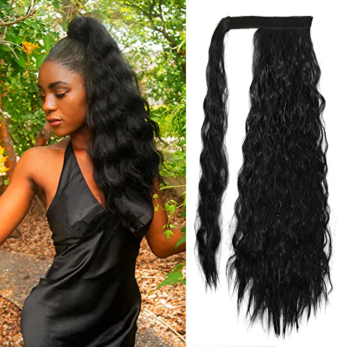Kawaii Ponytail Wig,22 Inch Long Corn Wave Curly Wrap Around Pony Tail Heat Resistant Synthetic Hairpiece For Women(Black S19-1#) #TOP20