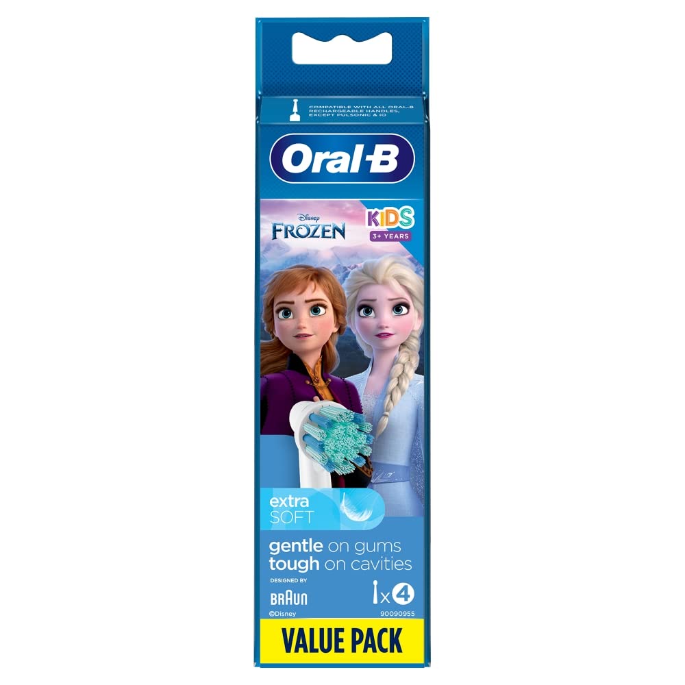 Oral-B Kids Electric Toothbrush Head, with Frozen 2 Characters, Extra Soft Round Bristles, for Ages 3+, Pack of 4 Toothbrush Heads, White