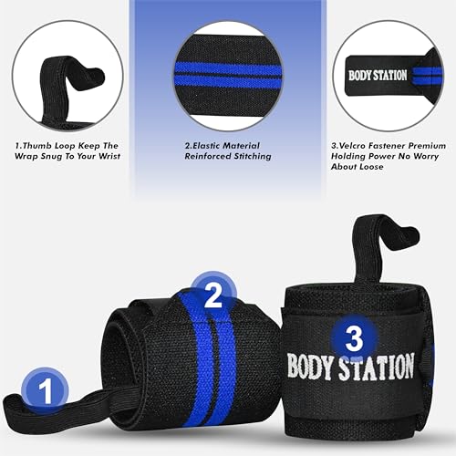 Image of Bodystation Pro Weightlifting Wrist Wraps with Thumb Loop | Adjustable Gym Wrist Support for Men & Women - Powerlifting, Crossfit, Strength Training & Pain Relief