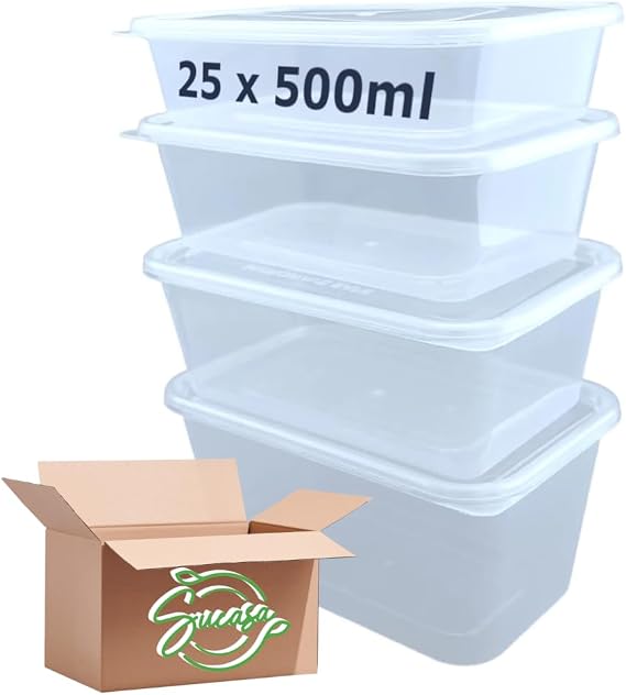 Sucasa Plastic Food Takeaway Heavy Duty Satco Plastic Containers with Lids 25x500ml | Durable Microwavable | Heavy Duty | Takeaway | Reusable & Disposable