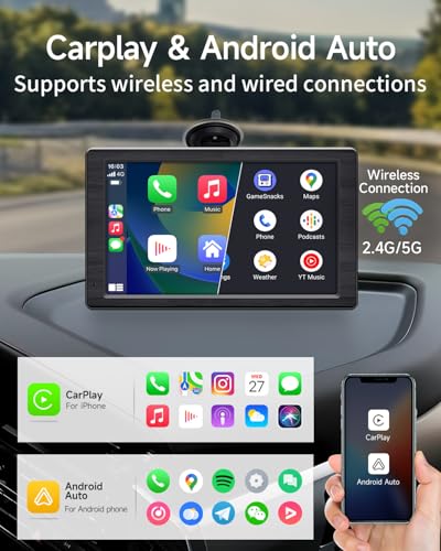 Image of Apple Carplay Screen for Car, 7 inch Portable Car Stereo with Wireless Car Play & Android Auto, Mirror Link, Hands-Free, Voice Control, Memory Card Playback - Fits All Vehicles