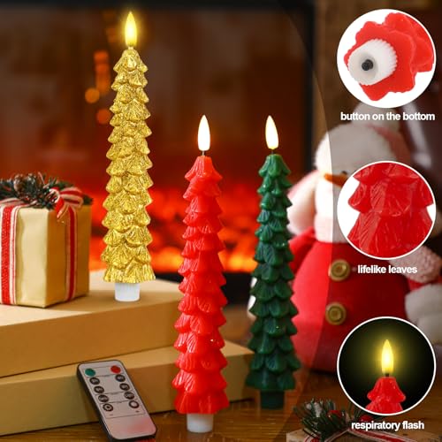 Image of Funtery 6 Pcs LED Christmas Tree Flameless Taper Candles Real Wax Battery Operated Candlestick Lights with 3D Flame and Remote Timer Window Fireplace(Red Green Gold,Christmas Tree)