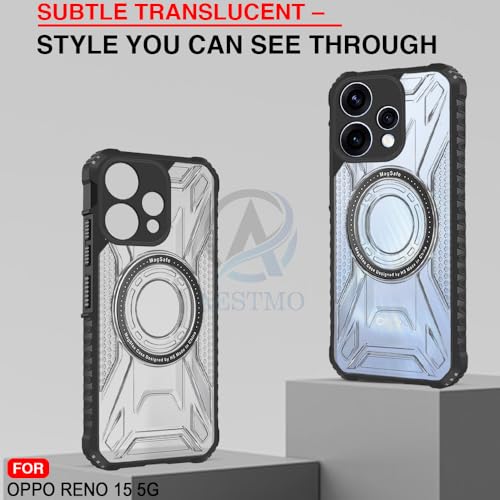 Image of AESTMO Hybrid Shockproof Back Cover Case for Oppo Reno 15 5G Compatible with MagSafe | Hard Back Case Cover for Oppo Reno 15 5G (PC & TPU, Translucent Back, Black Sides