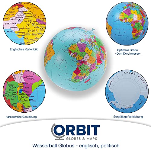 ORBIT GLOBES & MAPS - Wasserball aufblasbar, großer Globus für Kinder, englisch, Durchmesser 40cm, politisches Kartenbild, für Garten, Strand und Pool