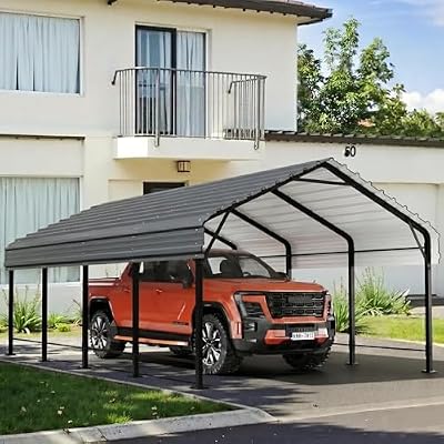 12x20 FT Heavy Duty Metal Carport, All-Weather Outdoor Vehicle Shelter with Steel Roof & Reinforced Frame, Permanent Car Canopy for Trucks, SUVs, Boats & Garden Storage, Gray