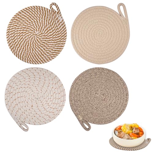 Lot de 4 Dessous de Plats Résistants à La Chaleur pour Plats Chauds 20 cm/7.87 inch,Dessous de Verre en Coton Tissé, Dessous de Plat en Fil de Coton Ronds,...
