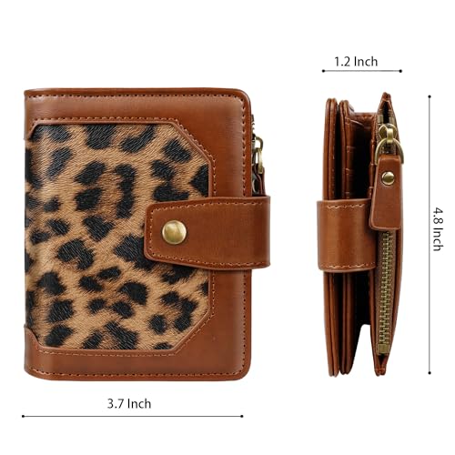 Image of Women Leather Wallet RFID Blocking Small Bifold Zipper Pocket Wallet Card Case Purse with ID Window, Leopard