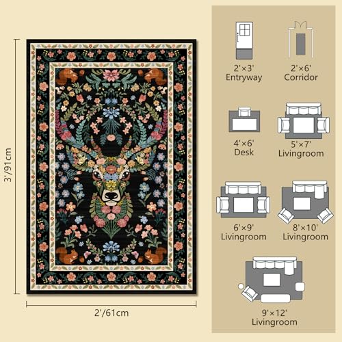 Image of Non-Slip Washable Entry Rug Vintage Floral Deer Pattern 2x3 - Bohemian Forest Animal Carpet with Squirrel & Butterfly, Soft Decorative Area Rug for Living Room Bedroom Home Decor