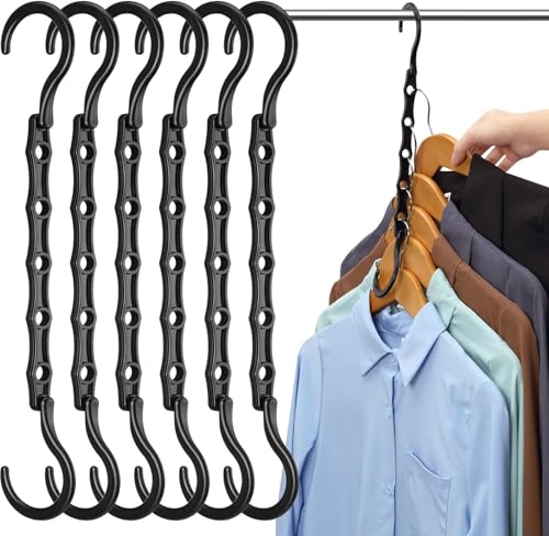 Eupako Space Saving Hangers 6 Pack Black Magic Plastic Clothes Space Savers Multi Functional Garment Hangers for Wardrobe Organisation and Hanger Storage Dorm Room Essentials Reusable