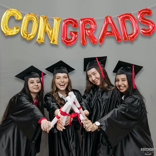 Image of KatchOn, Red and Gold Congrats Balloon - 16 Inch | Congrats Grad Balloons Foil for 2026 Graduation Party Decorations | Red and Gold Graduation Decorations | Graduation decorations 2026