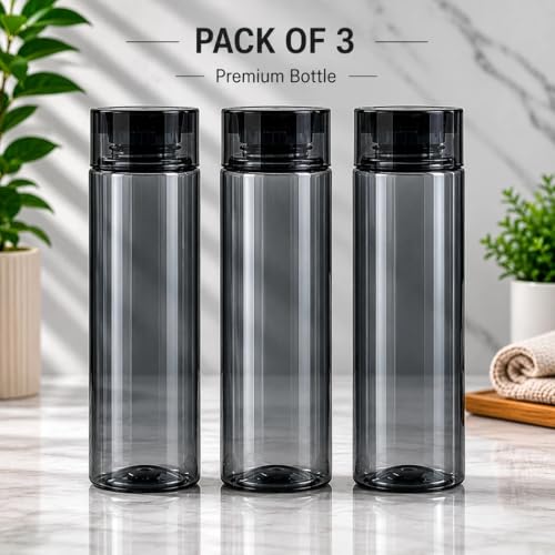 Image of H2O 1 Litre Each Water Bottle Set of 3 - Crystal Clear, BPA-Free, Breakproof & Leakproof | Fridge Safe Transparent PET Bottles | Made in India | Ideal for School, Office, Kitchen & Travel (Black)