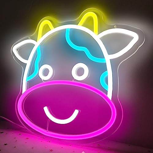 Image of Cow Neon Sign Cute Cow Neon LED Signs for Wall Dimmable Light Up Signs for Kids Room Bedroom Led Lights Sign Decor Animal Night Light Gift for Boys Girls USB Powered