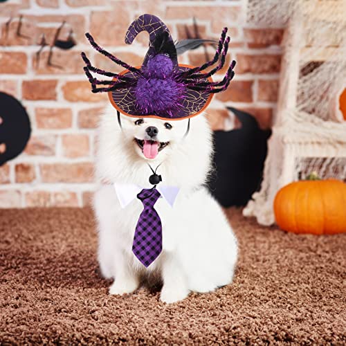 Xgdmeil Dog Halloween Costumes Halloween Cute Funny Spider Dog Wizard Hat And Purple Plaid Dog Necktie Set Halloween Puppy Cat Costume Pet Costumes For Small Dog Cat Apparel Party Dress Up Accessories #TOP1