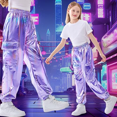 Image of Rolanko Girls Shiny Metallic Cargo Pants, Sparkle Jogger Pants for Girls Hip Hop Dance Streetwear Cargo Trousers 6-15 Years