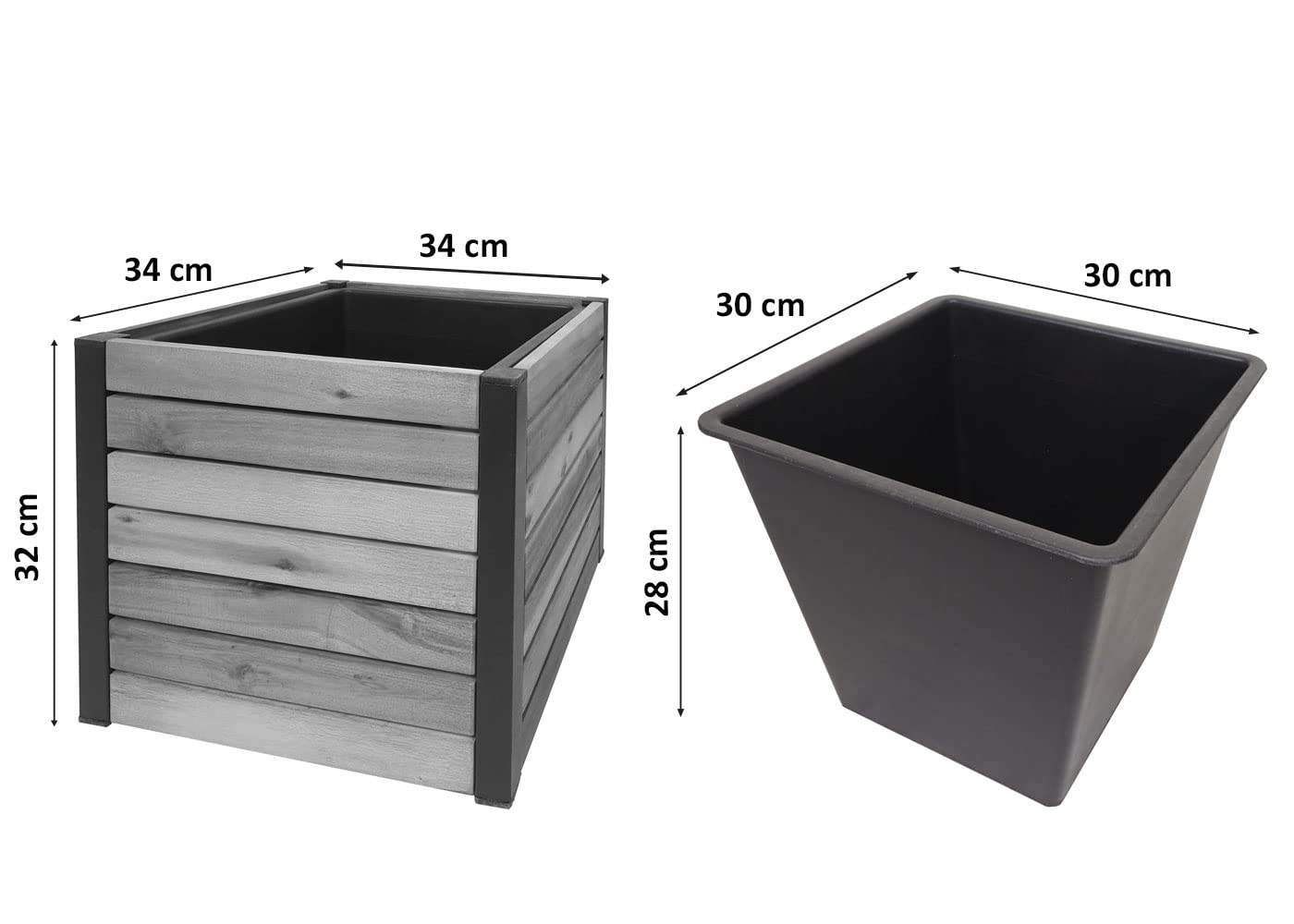 Jardinera HWC-L23, Maceta Grande para Exteriores, Madera de Acacia, Aluminio con Certificado MVG, 32 x 34 x 34 cm, Marrón | Jardinera elevada, exterior, madera, certificación FSC®, aluminio