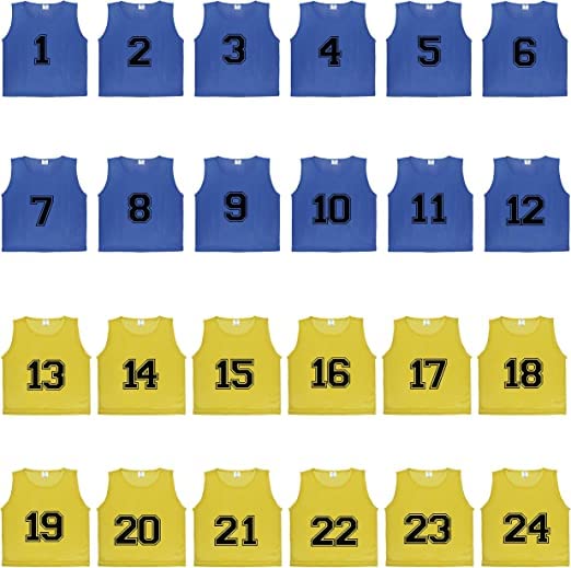 AthlleteDURAMESH Set of 24 Scrimmage Vest/Pinnies/Team Practice Jerseys with Free Carry Bag (1-12 Azure Blue Numbered+13-24 Golden Yellow Numbered). Suitable for Child/Youth