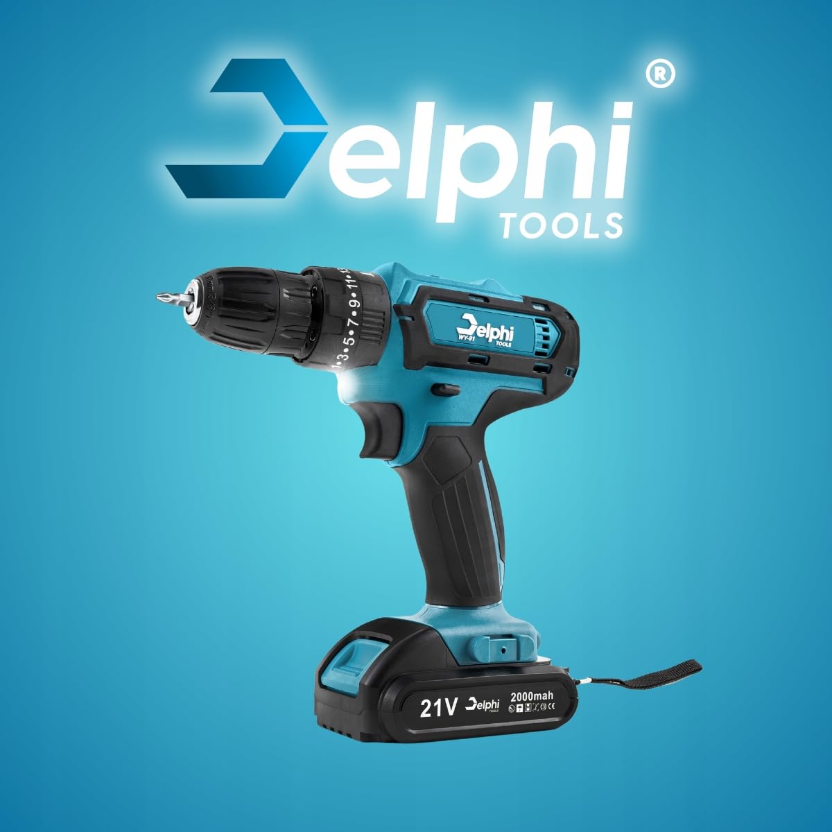 Delphi Atornillador inalámbrico de 21 V 2 baterías 2 Ah 50 Nm 2 marchas 25 niveles de par de torsión, luz LED maletín taladro inalámbrico ideal para proyectos de bricolaje