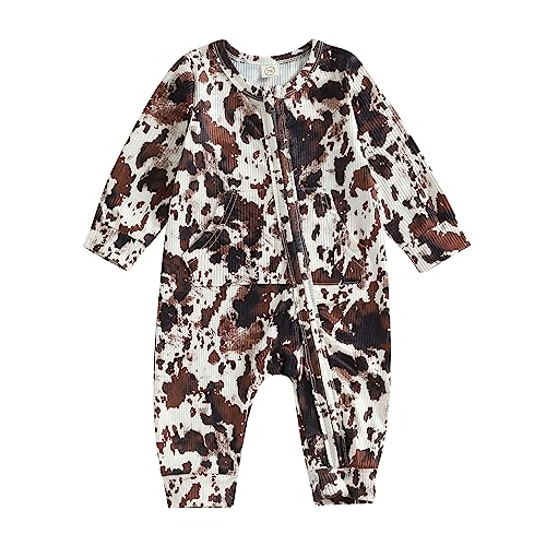 Image of Karwuiio Baby Boy Girl Western Clothes Cow Print Long Sleeve Romper Jumpsuit One Piece Newborn Fall Winter Outfit
