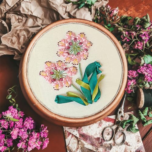 Image of FONNUY Ribbon Embroidery 3D Flowers Pattern Design Kit Embroidery DIY Handwork Set Oval Home Decoration (Pink Crabapple)
