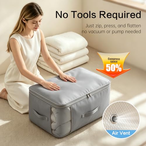 Image of Comforter Storage Bag, Large Capacity Blanket Storage Bags 3-Layer Ultra Space Saving Self Compression Organizer, Heavy Duty Space Saver Organizer for Bedding, Clothes, Blanket, 2-Pack, Gray