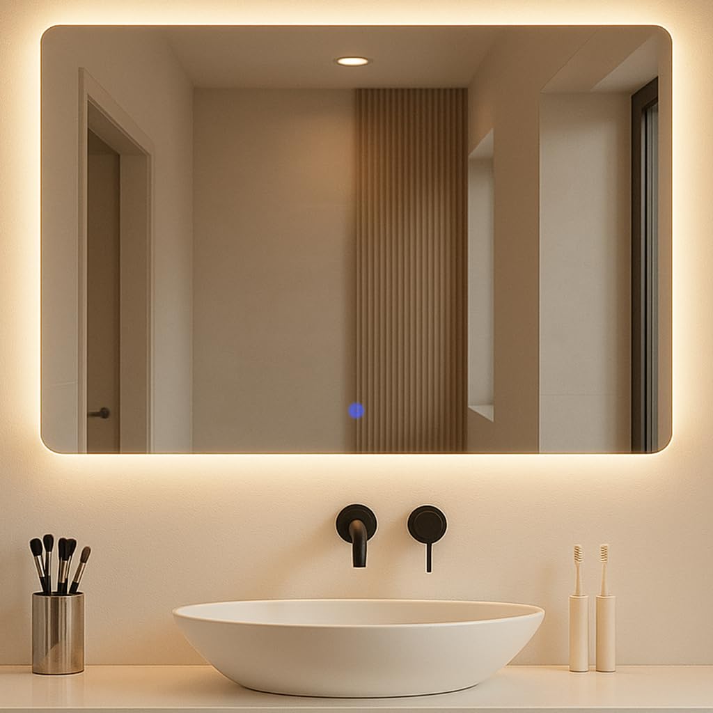 Espejo de Pared Decorativo con Luz LED Regulable 3000K/4000K/6000K【70x50 cm】 Diseño Rectangular, Función Antivaho con Interruptor Táctil e Instalación Fácil
