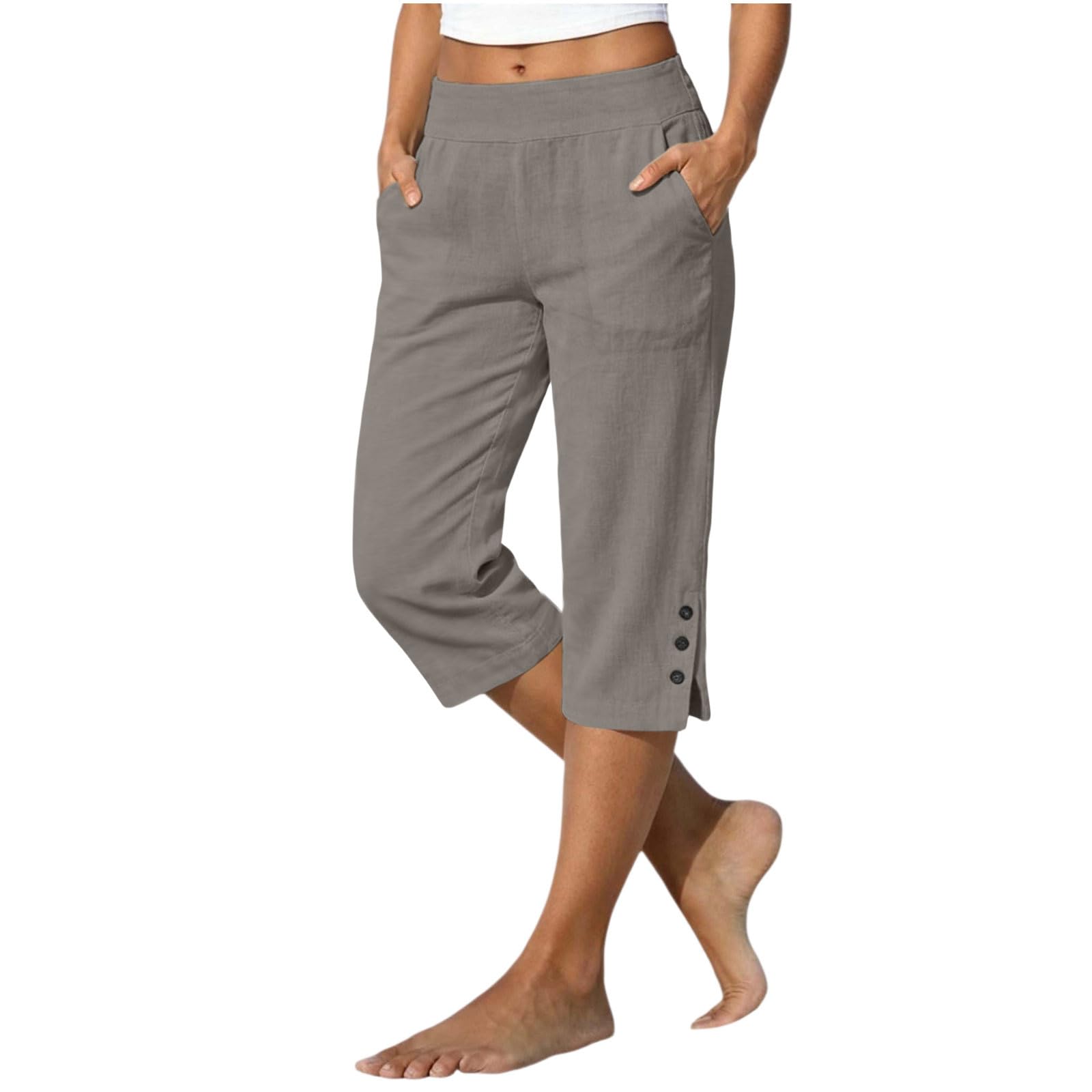 Sommerhose Damen Leicht Leinenhose Damen Sommer 3/4 Musselin Kurze Hose Leicht Leinen Sommerhose Mit Taschen Causal Atmungsaktiv Caprihose Elastische Bequeme Stoffhose Freizeit Strandhose