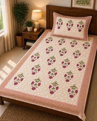 Image of Mafatlal 144 TC Heritage Single Size (90x60 inches) Floral Printed Twin Bedsheet with Pillow Cover | Soft 100% Pure Cotton Bedsheet Set | Cream