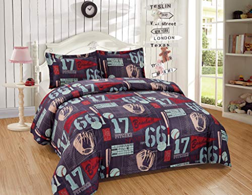 Chezmoi Collection Parure de lit 3 pièces pour Enfants/Adolescents en Microfibre Douce Bleu Marine Noir Orange Rouge Blanc Basketball Football, Microfibre, Baseball Gris, Full/Queen Cover