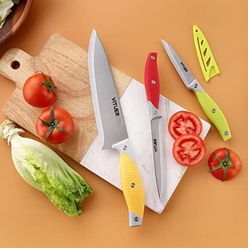 VITUER Chef Knife, 3PCS Kitchen Knife, Multicolor Stainless Steel Sharp Chef Knife Set (3Pack, Yellow, Red, Green) - 4