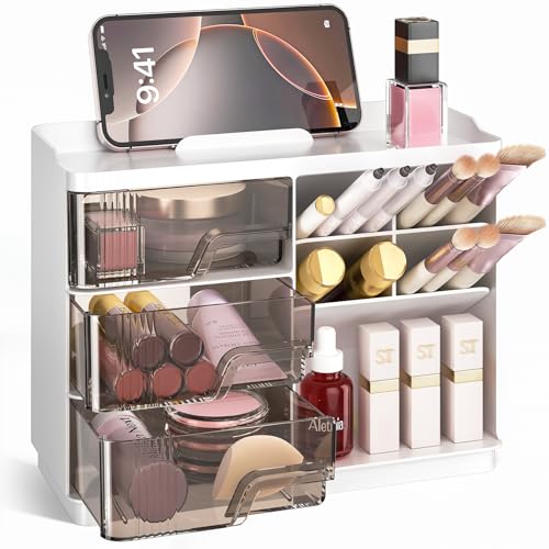 Delamu Makeup Organizer with Drawers, Multi-Function Vanity Organizer Countertop, Stackable Desk Organizer for Makeup Brush Lipstick Skincare Bathroom Vanity Organization and Storage, White