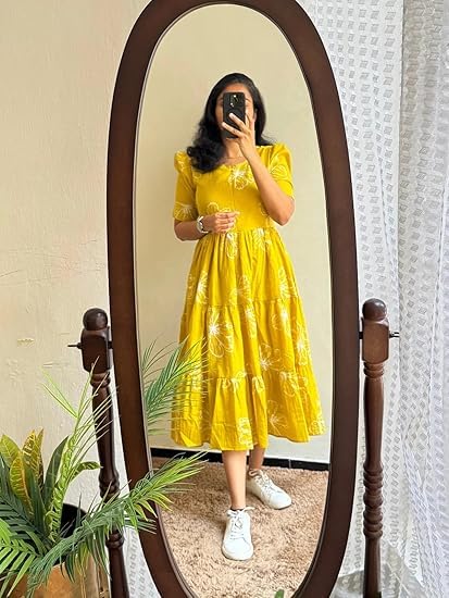 Image of Women's Floral Printed Tiered Midi Dress, Puff Sleeves, Square Neck, Button-Front