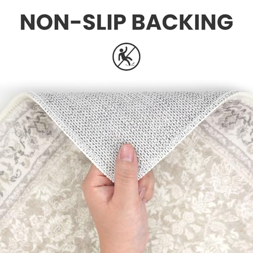 2x6 Grey Begie Washable Runner Rug for Hallways, Soft Neutral Vintage Kitchen Rugs with Non-Slip, Non-Shedding Distressed Floral Rug for Bedroom Kitchen Porch Laundry Entryway