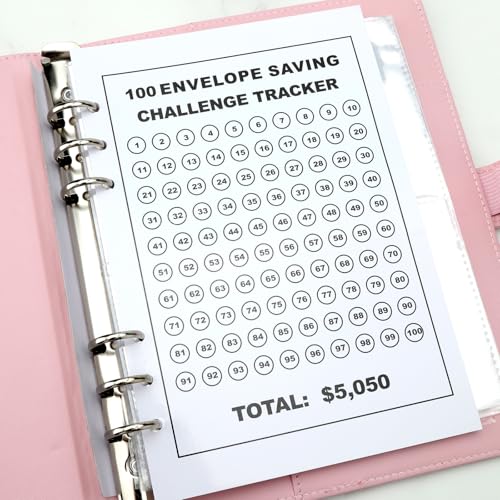 100 Envelope Challenge Binder, Umschläge Challenge Binder, Lustiger Budgetordner zum Sparen von €5,050 mit Geldumschlägen, Spar Challenge für Budget Planer (Rosa)