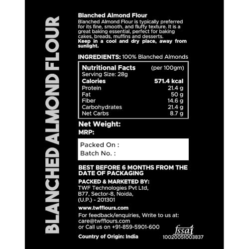 Image of TWF Almond Flour | 100% Keto-Friendly | Blanched | Gluten-Free | High Protein | With Resealable Packaging | For Baking Cakes, Breads & Rotis