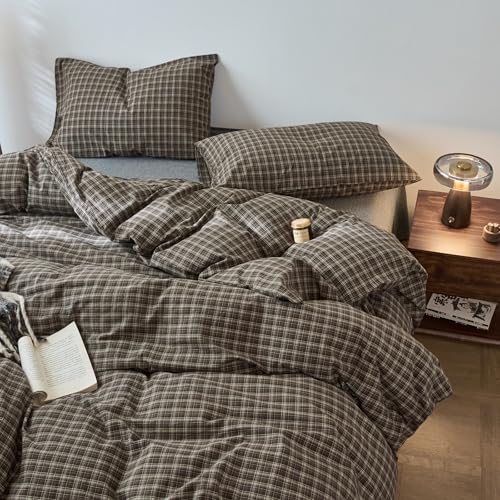 Image of EAVD Vintage Style Dark Grey Gingham Plaid Duvet Cover Twin 100% Washed Cotton Like Linen Feel Soft 3-Piece Grid Plaid Bedding Set with 2 Pillowcases Reversible Geometric Duvet Cover with Zipper