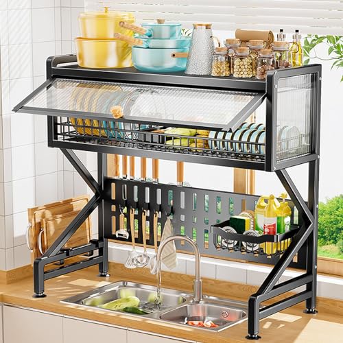LYGXWJFC Égouttoir à Vaisselle sur évier, égouttoir à 3 Niveaux avec Support à ustensiles et Rangement pour Planche à découper, Organisateur de Cuisine Peu encombrant pour Une Utilisation Efficace de