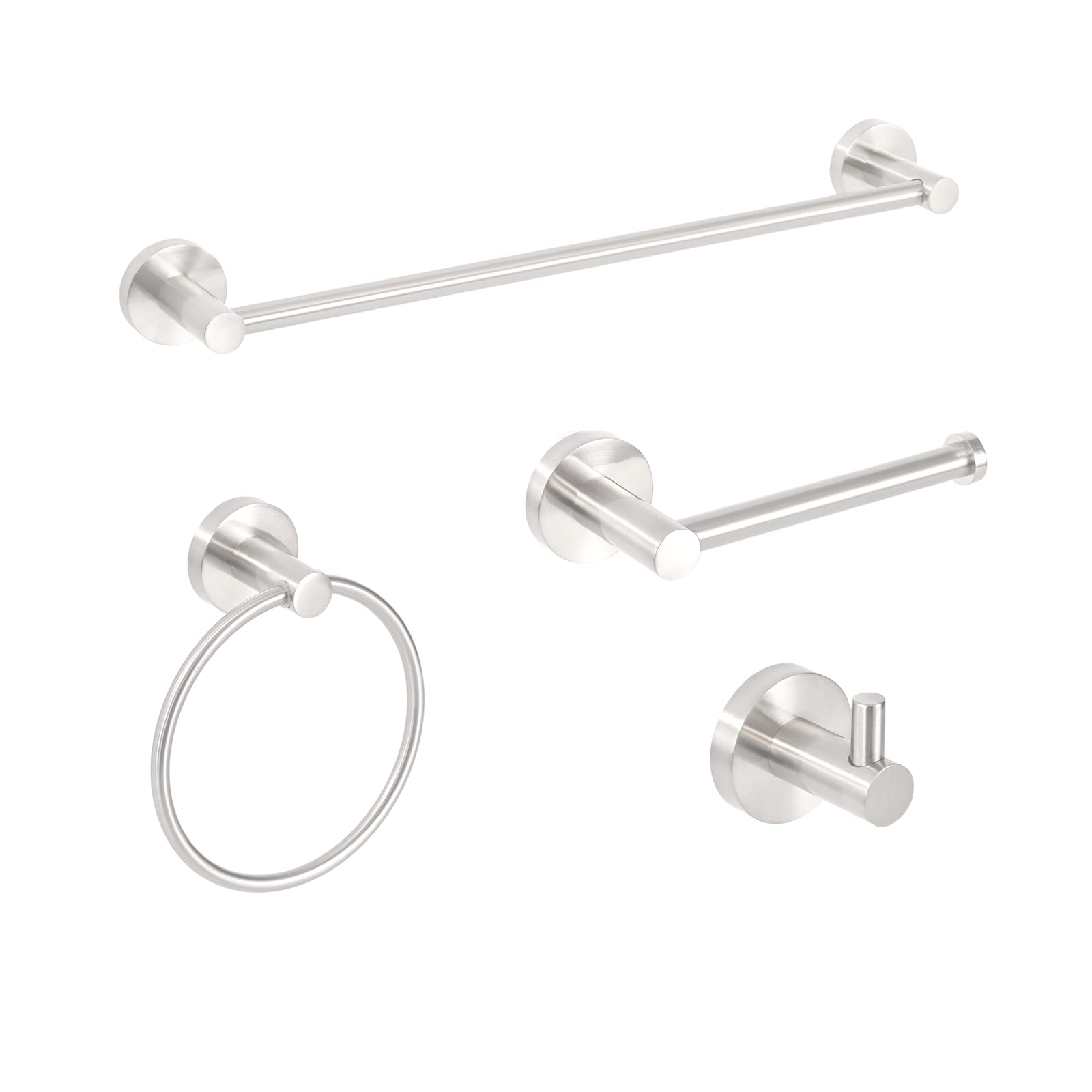 XINWEI Brushed Nickel Bathroom Hardware Set of 4, Zinc Alloy Round Wall Mounted Bathroom Accessories Kit- Includes 24"" Towel Bar for Bathroom, Towel Ring, Toilet Paper Holder, Robe Towel Hooks