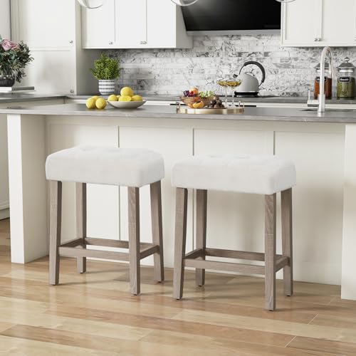 Image of GIANTEX Sherpa Bar Stools Set of 2, 24 inch Counter Height Kitchen Bar Chairs | Upholstered Counter Height Backless Bar Chairs with Footrest and Wood Legs for Kitchen Island, Dining Room, Cafe