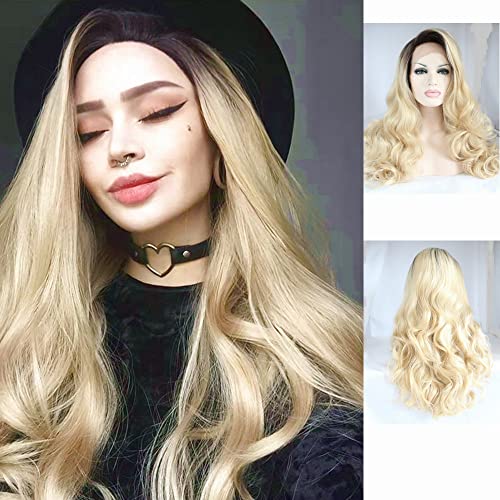 Damenperücke, blond, Ombré-Stil, dunkle Wurzeln, gewellt, synthetische Spitze, vorne, für Damen, Mädchen, Hochzeit, Cosplay, Urlaub, Drag Queen Perücke Cover
