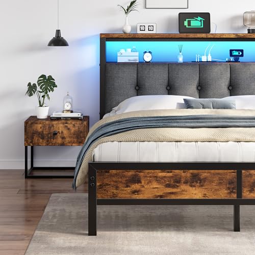 Image of Homkdom Full Bed Frame,Upholstered Storage Headboard,Charging Station,Brown | LED Linghts, 12 inch Under-Bed Storage,2AC Outlets&1USB-C&1USB-A,Noise-Free,Quick Assembly,Supports up to 900 lbs