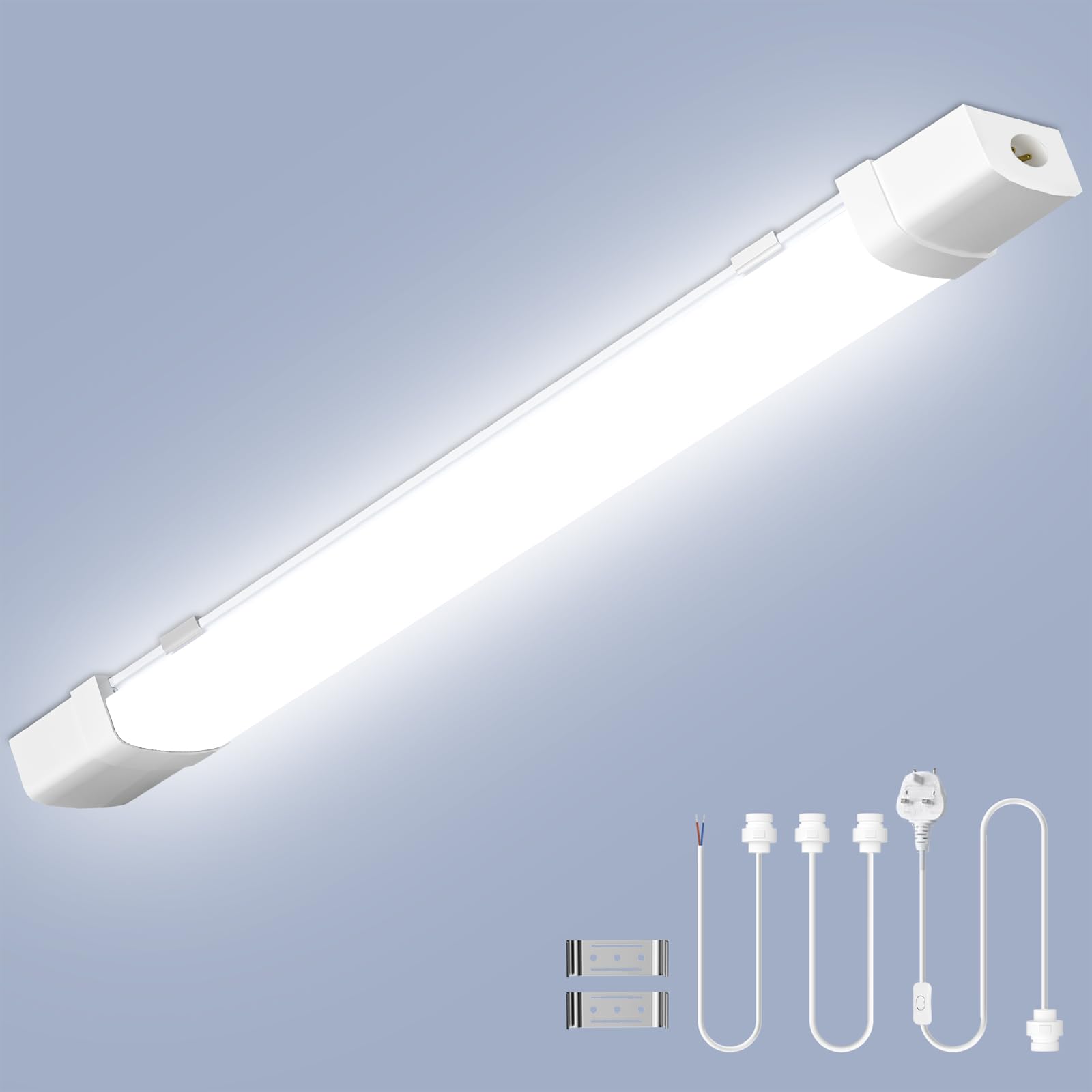 Viugreum Linkable 4FT 120CM Led Batten Light with Motion, 40W 6500K Plug&Switch Tube Shed Loft Light, IP43 Plug in Strip Sensing Lights for Garage Office Workshop Basement Bathroom Hotel Kitchen