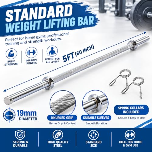Image of Weight Lifting Rod, Straight Rod with 2 Pair Spring Lock for Exercise Weight Gym Lifting Bar, Home Gym 5FT-19MM