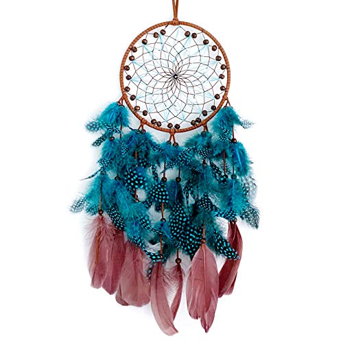 TEESHLY Dream Catchers with Peacock Blue Polka Dot Feather - Handmade Dreamcatchers for Boho Wall Hanging Decoration, Home Ornament Festival Gift