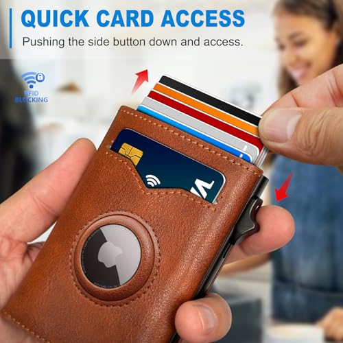 Image of miyozi Airtag Wallet for Men,with Cash Pocket 2 ID Window 9-12 Cards,Metal Case Smart Slim Pop Up Credit Card Holder Flip with Magnetic Closure RFID Blocking Trifold wallet with Gift Box