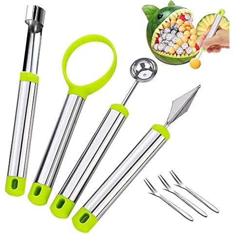 BITEFU 4 Stück Obst Werkzeug Küchenhelfer Set Multifunktion lebensmittelechter Edelstahl Apfelentkerner,Melonenausstecher Kugeln,Schnitzmesser, mit Obstmesser und Obstgabeln für DIY-Obstsalate Cover